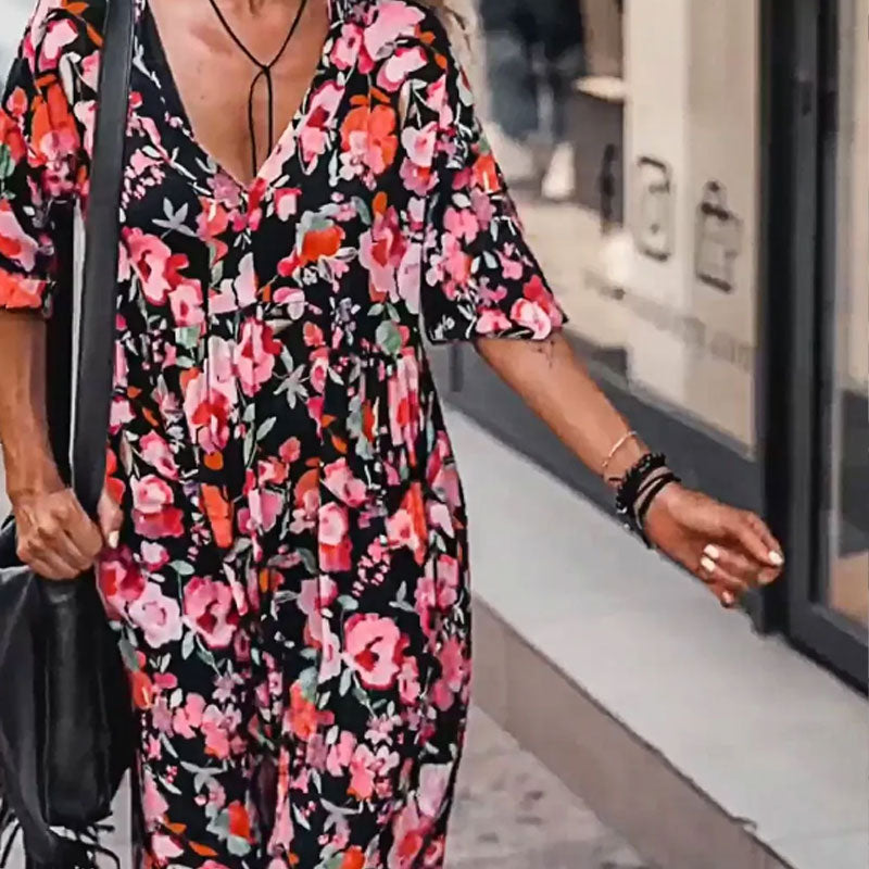 Women's Loose V-Neck Floral Flowy Dress