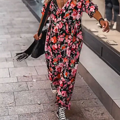 Women's Loose V-Neck Floral Flowy Dress