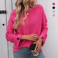 Women's Round Neck Long-Sleeve Sweater with Button Detail