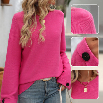 Women's Round Neck Long-Sleeve Sweater with Button Detail