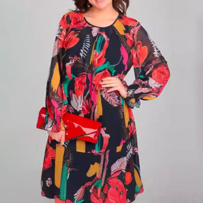 Long Sleeve Round Neck Lightweight Floral Dress