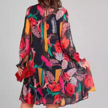 Long Sleeve Round Neck Lightweight Floral Dress