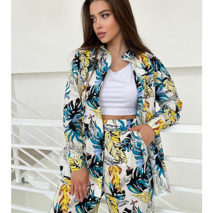 Casual Floral Shirt Wide Leg Pants Set