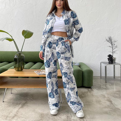 Casual Floral Shirt Wide Leg Pants Set