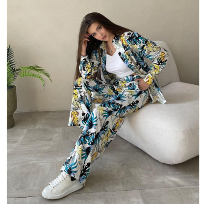 Casual Floral Shirt Wide Leg Pants Set