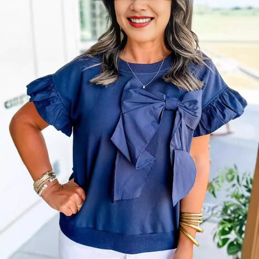 Bow Tie Short Ruffle Sleeve Top