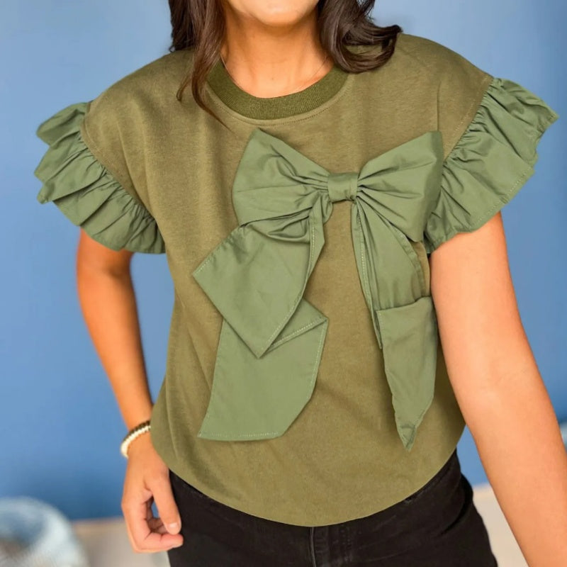 Bow Tie Short Ruffle Sleeve Top