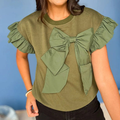 Bow Tie Short Ruffle Sleeve Top