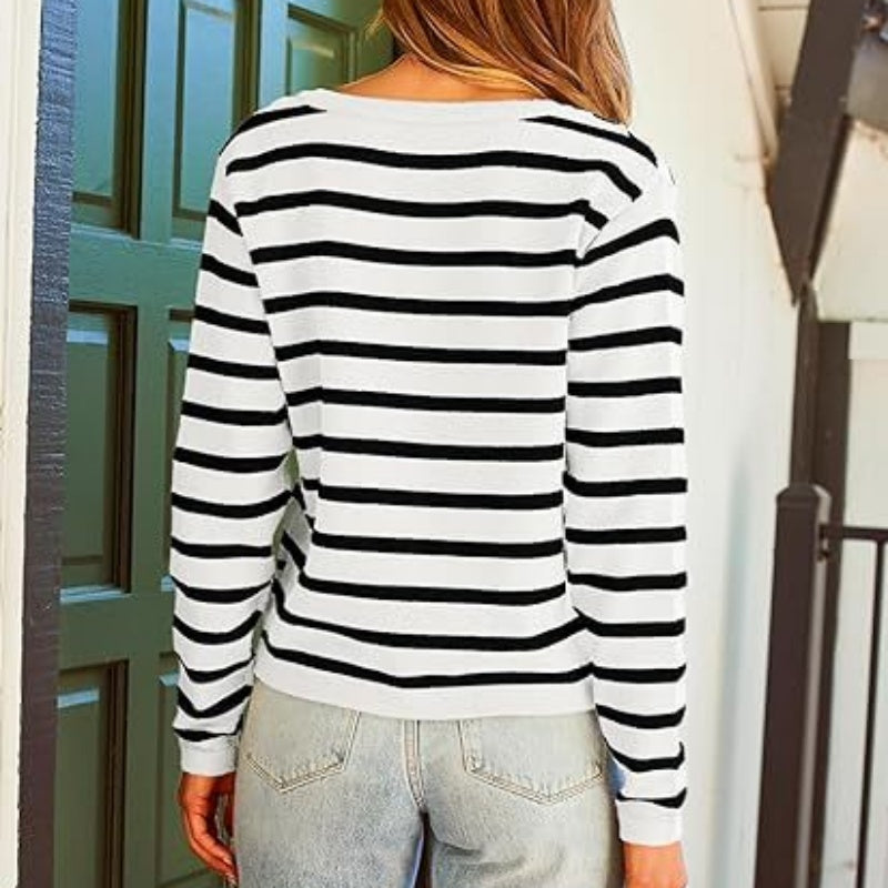 Trendy Striped Cardigan Sweater with Pockets