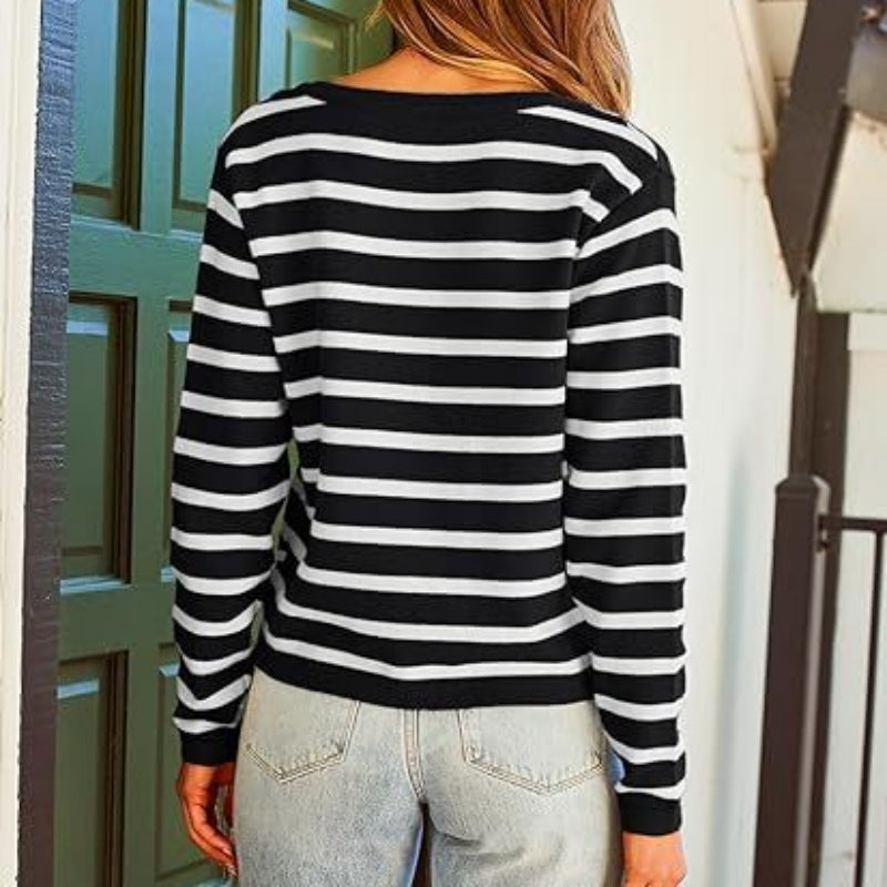 Trendy Striped Cardigan Sweater with Pockets