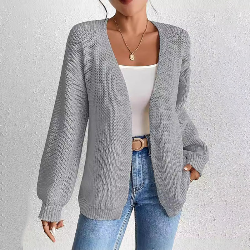 Chunky Knit Open Front Cardigan with Lantern Sleeves