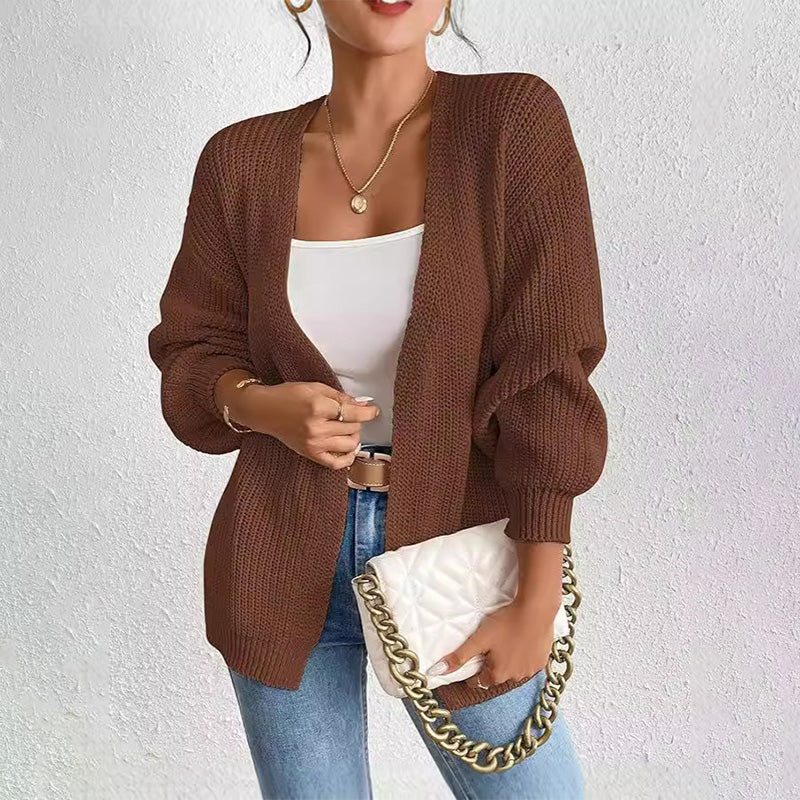 Chunky Knit Open Front Cardigan with Lantern Sleeves