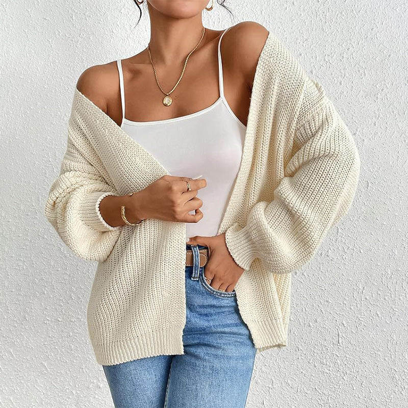 Chunky Knit Open Front Cardigan with Lantern Sleeves