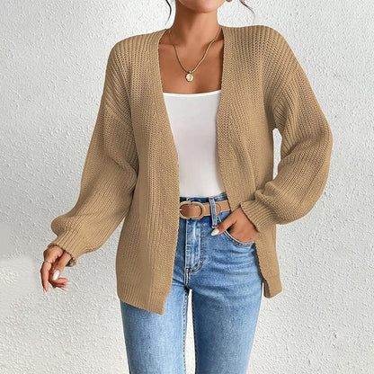 Chunky Knit Open Front Cardigan with Lantern Sleeves