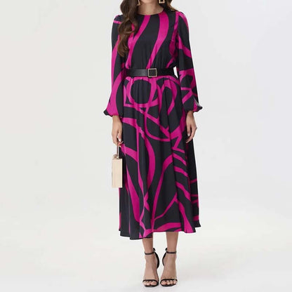 Women's Long Sleeve Belted Dress with Bold Geometric Print