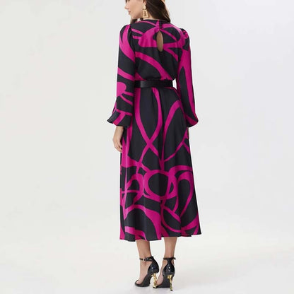 Women's Long Sleeve Belted Dress with Bold Geometric Print