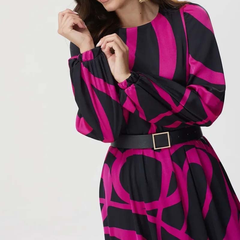 Women's Long Sleeve Belted Dress with Bold Geometric Print