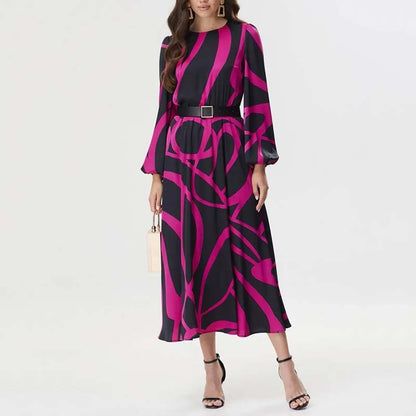 Women's Long Sleeve Belted Dress with Bold Geometric Print