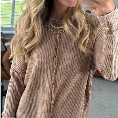 Women's Solid Color Long-Sleeve Waffle Knit Tops