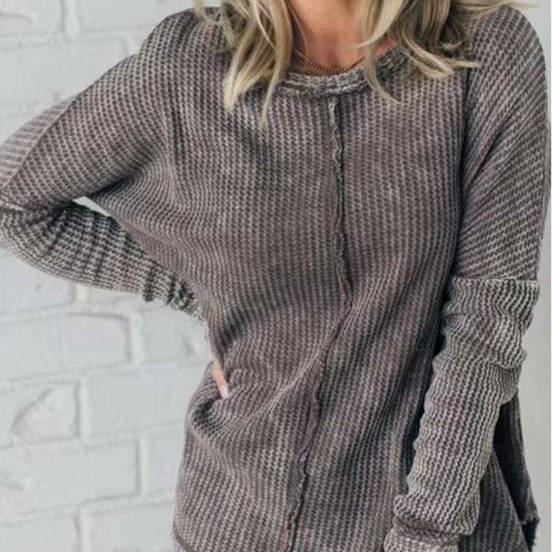 Women's Solid Color Long-Sleeve Waffle Knit Tops