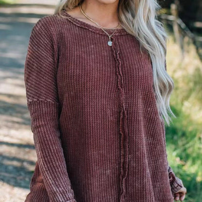 Women's Solid Color Long-Sleeve Waffle Knit Tops