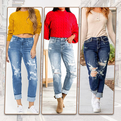 🔥HOT Sale🔥Women's Tummy Control Distressed Cuffed Boyfriend Jeans