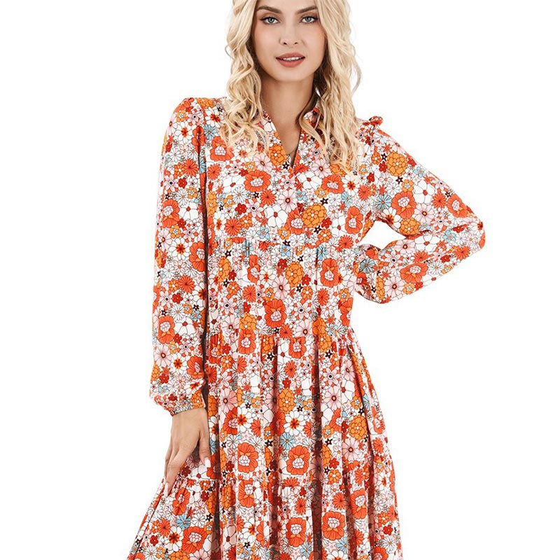 Women's Long Sleeve V Neck Bohemian Midi Dress