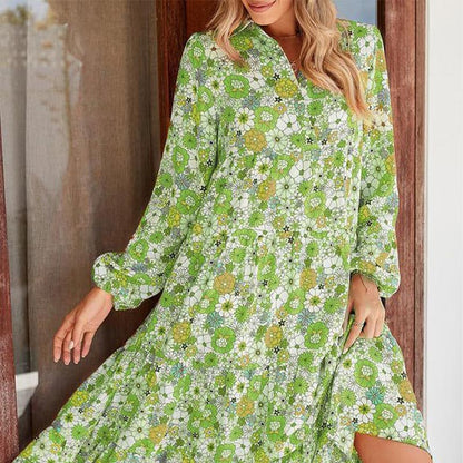 Women's Long Sleeve V Neck Bohemian Midi Dress