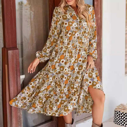 Women's Long Sleeve V Neck Bohemian Midi Dress