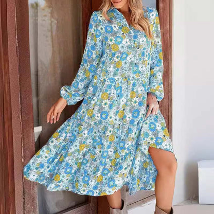 Women's Long Sleeve V Neck Bohemian Midi Dress