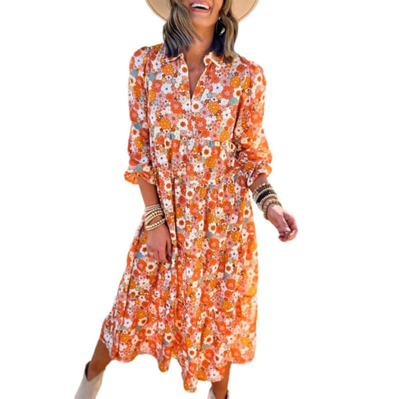 Women's Long Sleeve V Neck Bohemian Midi Dress