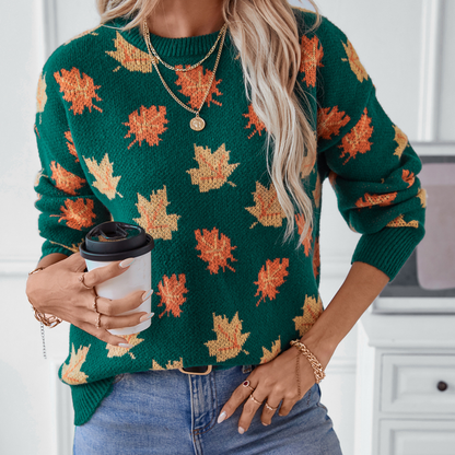 Women's Casual Knit Sweater with Maple Leaf Pattern