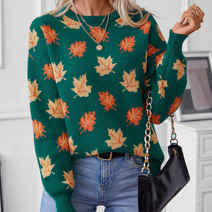 Women's Casual Knit Sweater with Maple Leaf Pattern