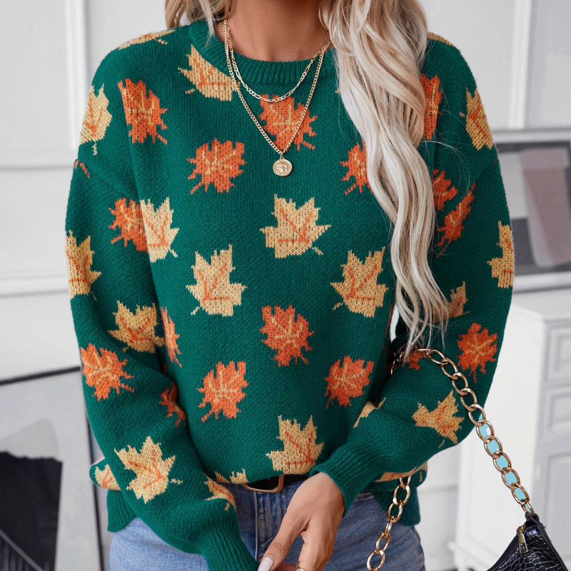 Women's Casual Knit Sweater with Maple Leaf Pattern