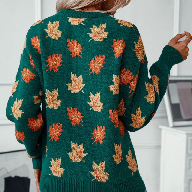 Women's Casual Knit Sweater with Maple Leaf Pattern