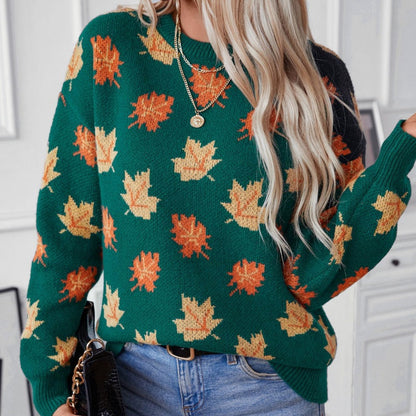 Women's Casual Knit Sweater with Maple Leaf Pattern