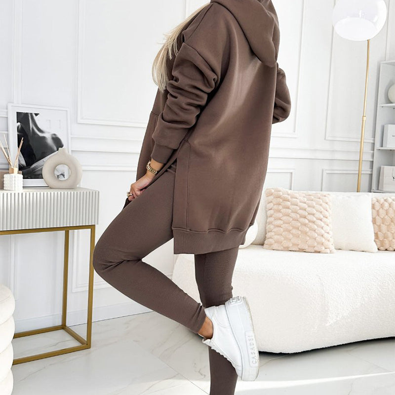 Women's Fashion Solid Color Hoodie And Lined Leggings Two-Piece Set