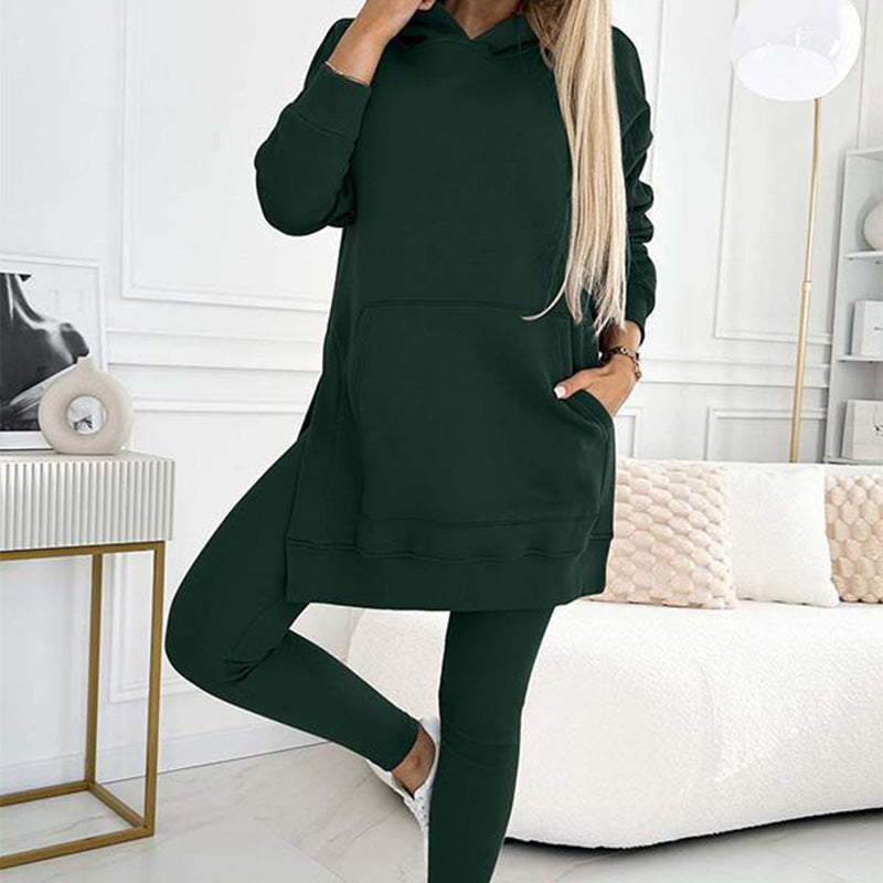 🎁Women's Fashion Solid Color Hoodie And Lined Leggings Two-Piece Set