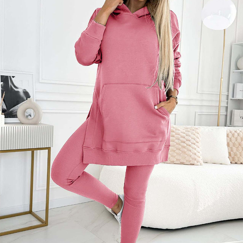 🎁Women's Fashion Solid Color Hoodie And Lined Leggings Two-Piece Set