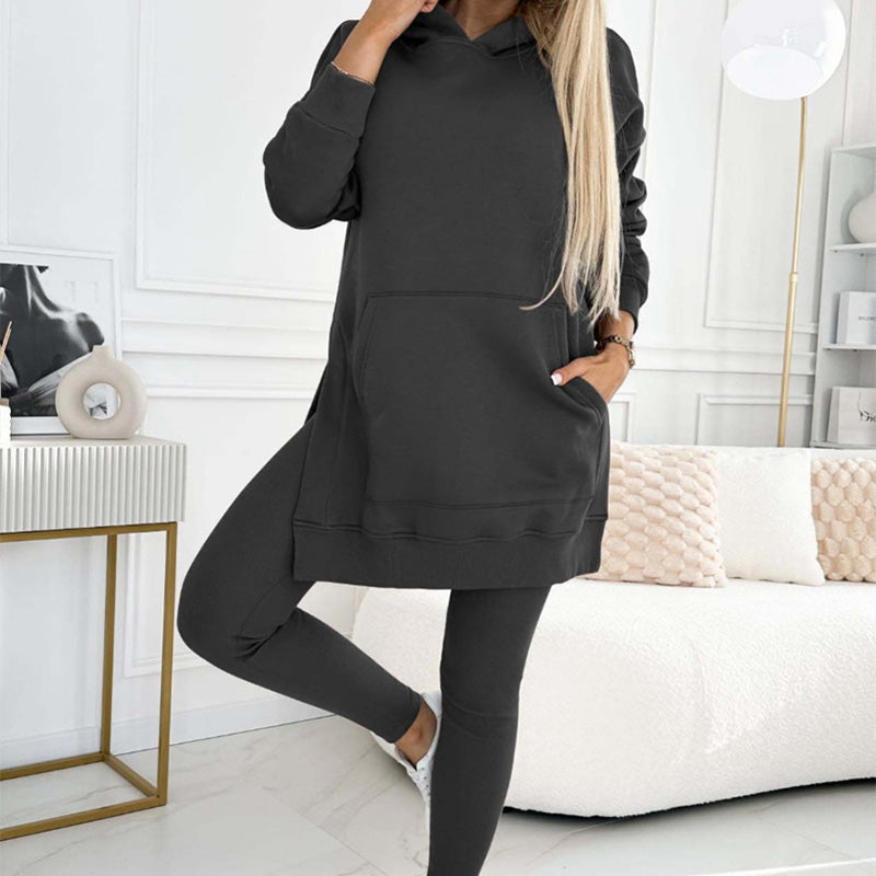 🎁Women's Fashion Solid Color Hoodie And Lined Leggings Two-Piece Set