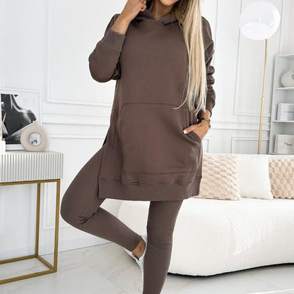 Women's Fashion Solid Color Hoodie And Lined Leggings Two-Piece Set