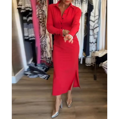 Women's Sexy Red Long Sleeve Lapel Dress