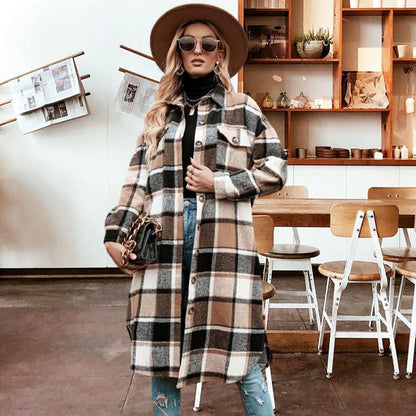 🍂Fall Specials💕Women's Plaid Print Long Sleeve Warm Tweed Coat