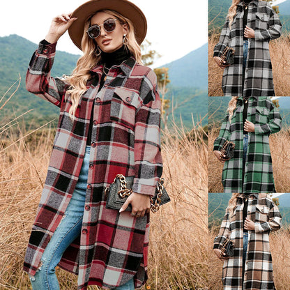 🍂Fall Specials💕Women's Plaid Print Long Sleeve Warm Tweed Coat