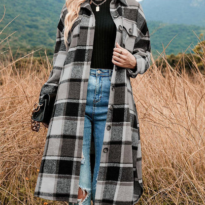 🍂Fall Specials💕Women's Plaid Print Long Sleeve Warm Tweed Coat