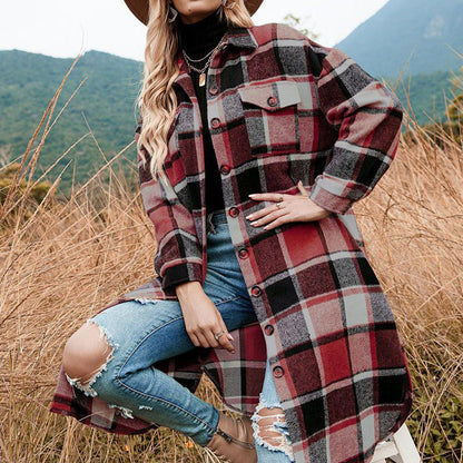 🍂Fall Specials💕Women's Plaid Print Long Sleeve Warm Tweed Coat