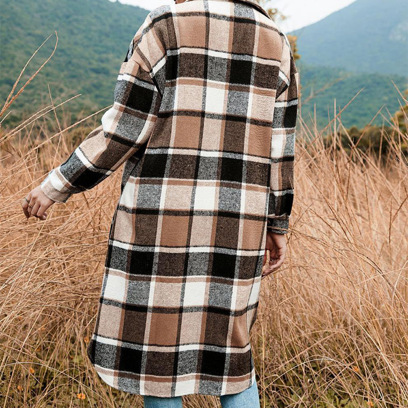 🍂Fall Specials💕Women's Plaid Print Long Sleeve Warm Tweed Coat