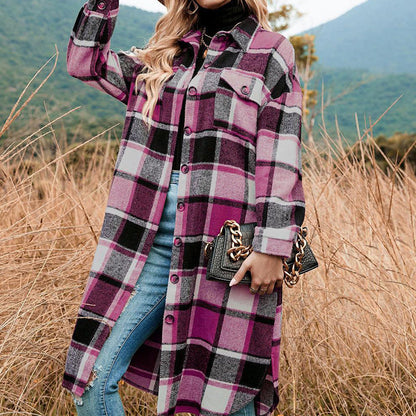 🍂Fall Specials💕Women's Plaid Print Long Sleeve Warm Tweed Coat