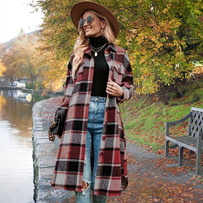 🍂Fall Specials💕Women's Plaid Print Long Sleeve Warm Tweed Coat