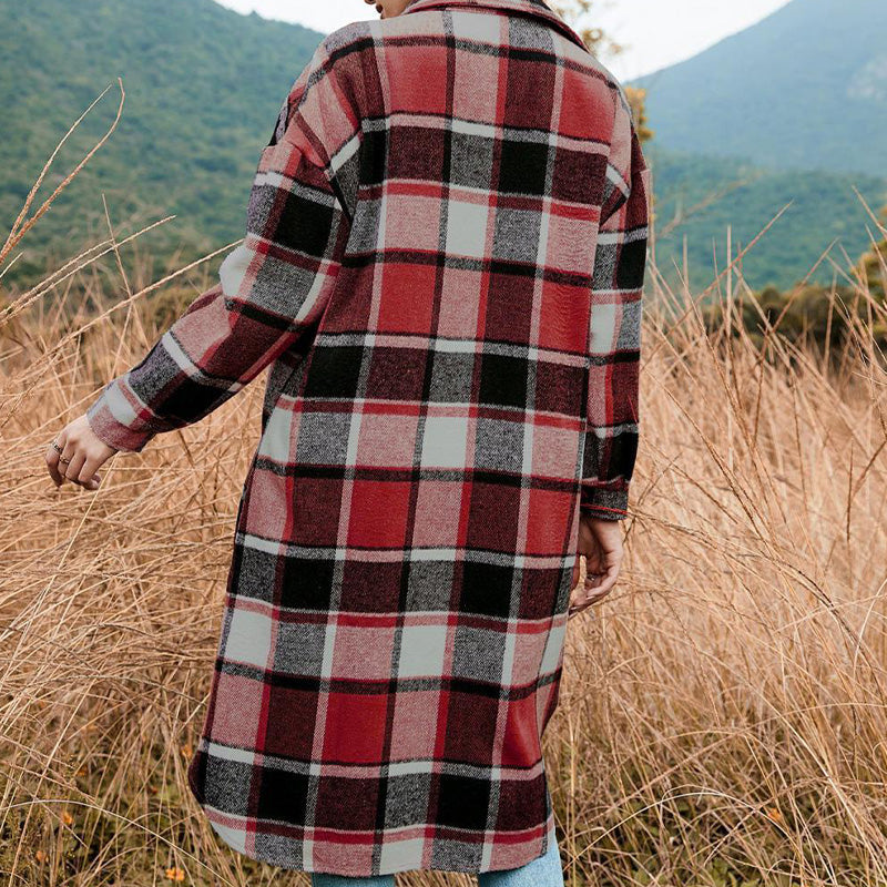 🍂Fall Specials💕Women's Plaid Print Long Sleeve Warm Tweed Coat